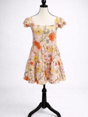 Lottie & Holly Floral Mini Dress Small Blush Rust Puff Sleeve Square Neck Flowy